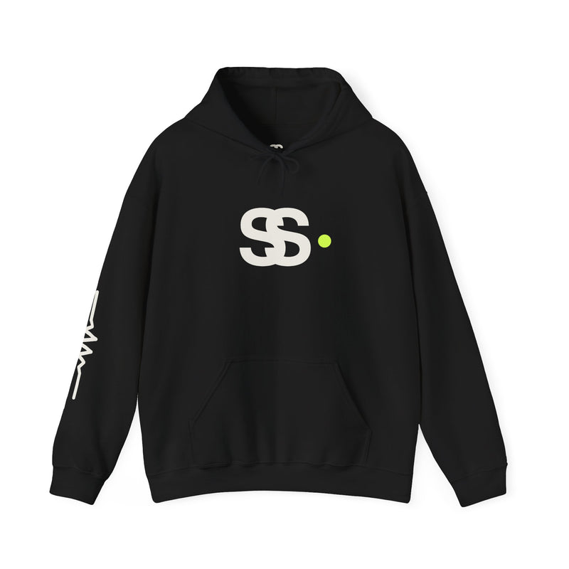 Minimal SS Logo Hoodie — Black Streetwear Pullover with Neon Dot
