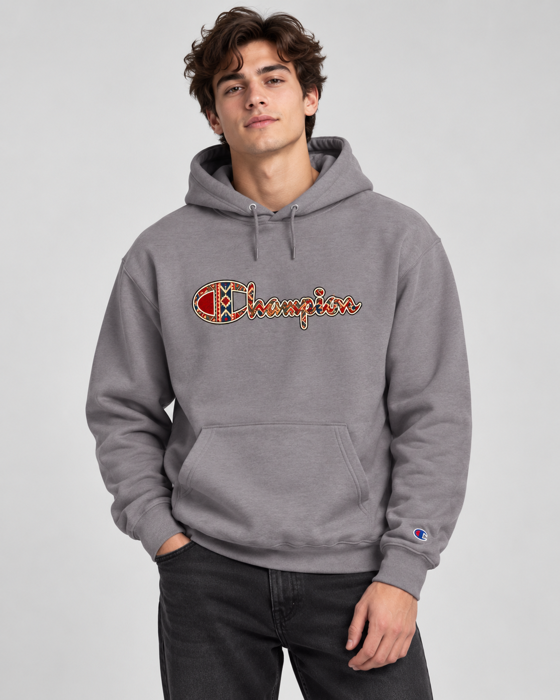 Champion Hoodie — Vintage Plaid Logo Pullover Hoodie