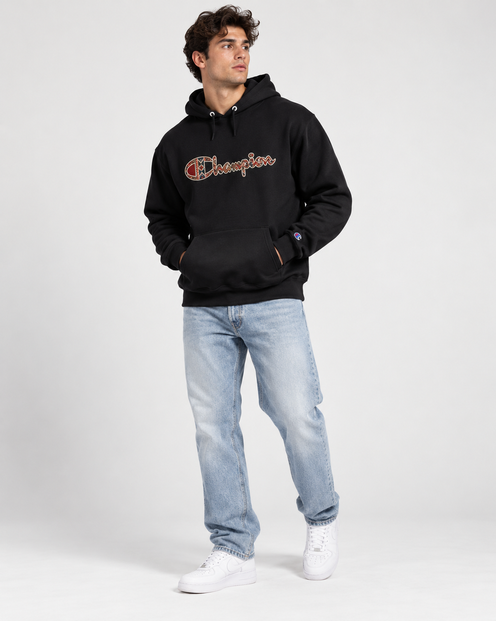 Champion Hoodie — Vintage Plaid Logo Pullover Hoodie