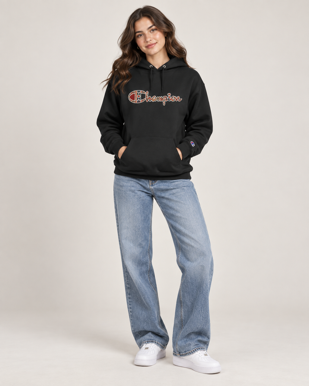Champion Hoodie — Vintage Plaid Logo Pullover Hoodie