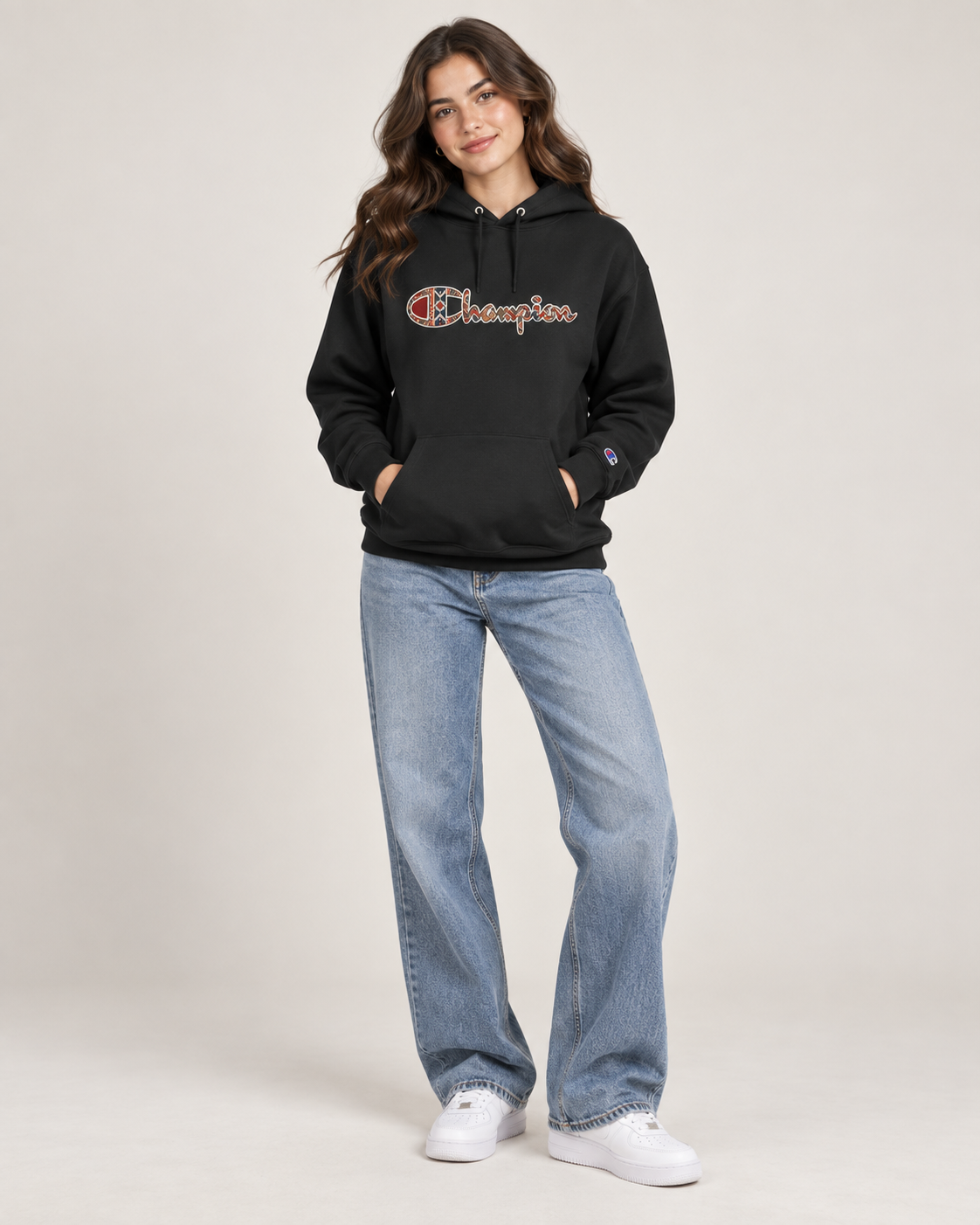 Champion Hoodie — Vintage Plaid Logo Pullover Hoodie