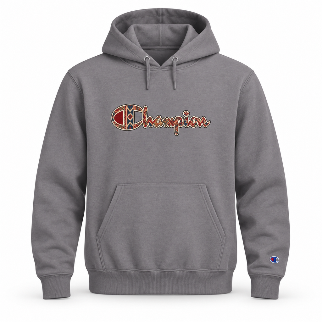 Champion Hoodie — Vintage Plaid Logo Pullover Hoodie