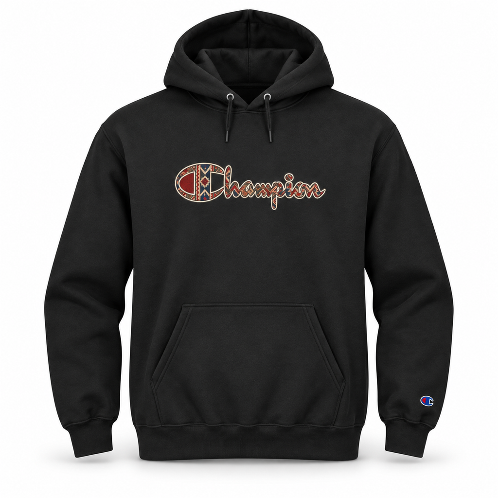 Champion Hoodie — Vintage Plaid Logo Pullover Hoodie